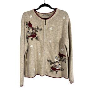 Cardinal Bird Silk Knit Sweater Tan XL Earthy Neutral Festive Embroidery Preppy